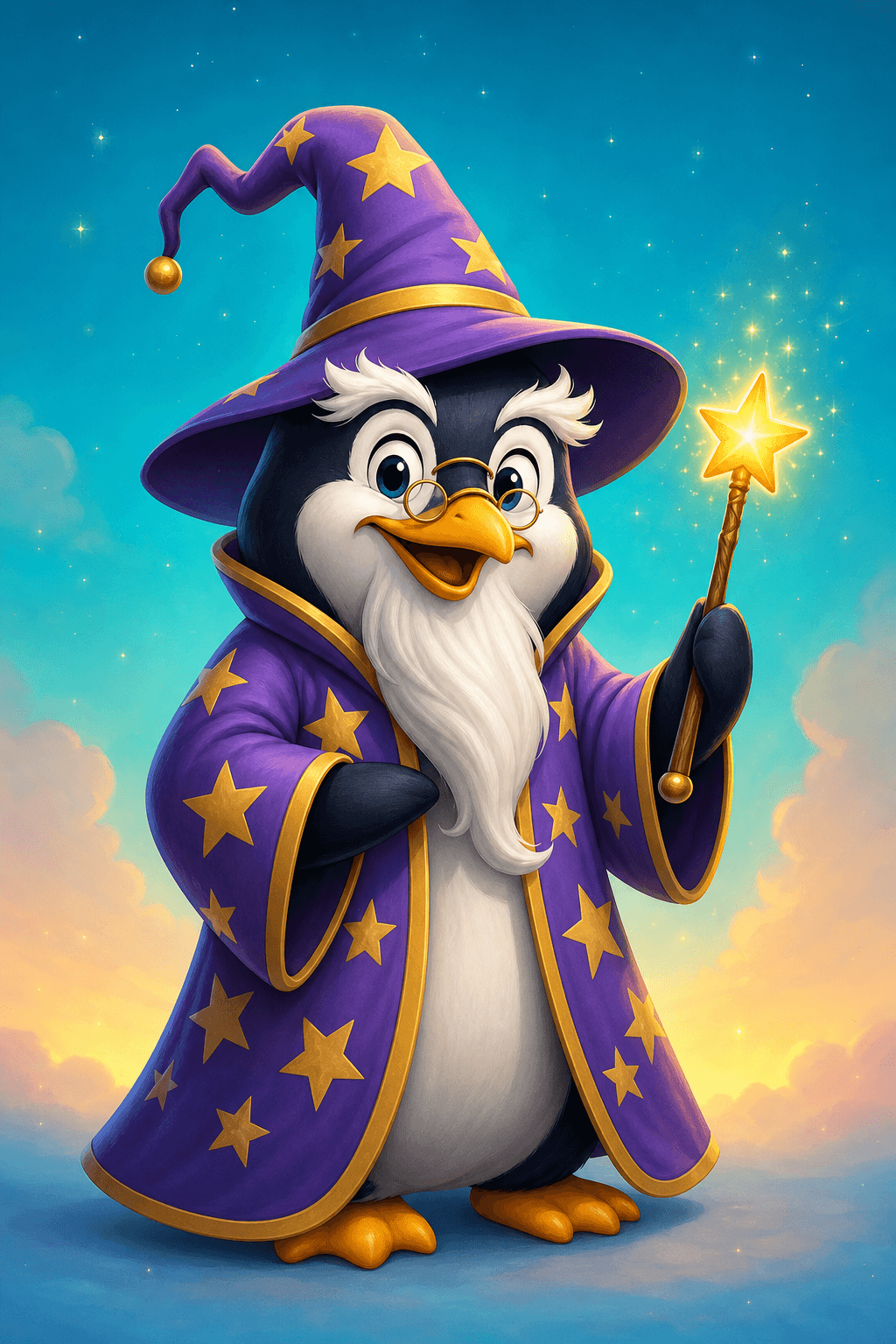 Mind Flipper, an old wizard penguin in a purple robe with yellow stars.